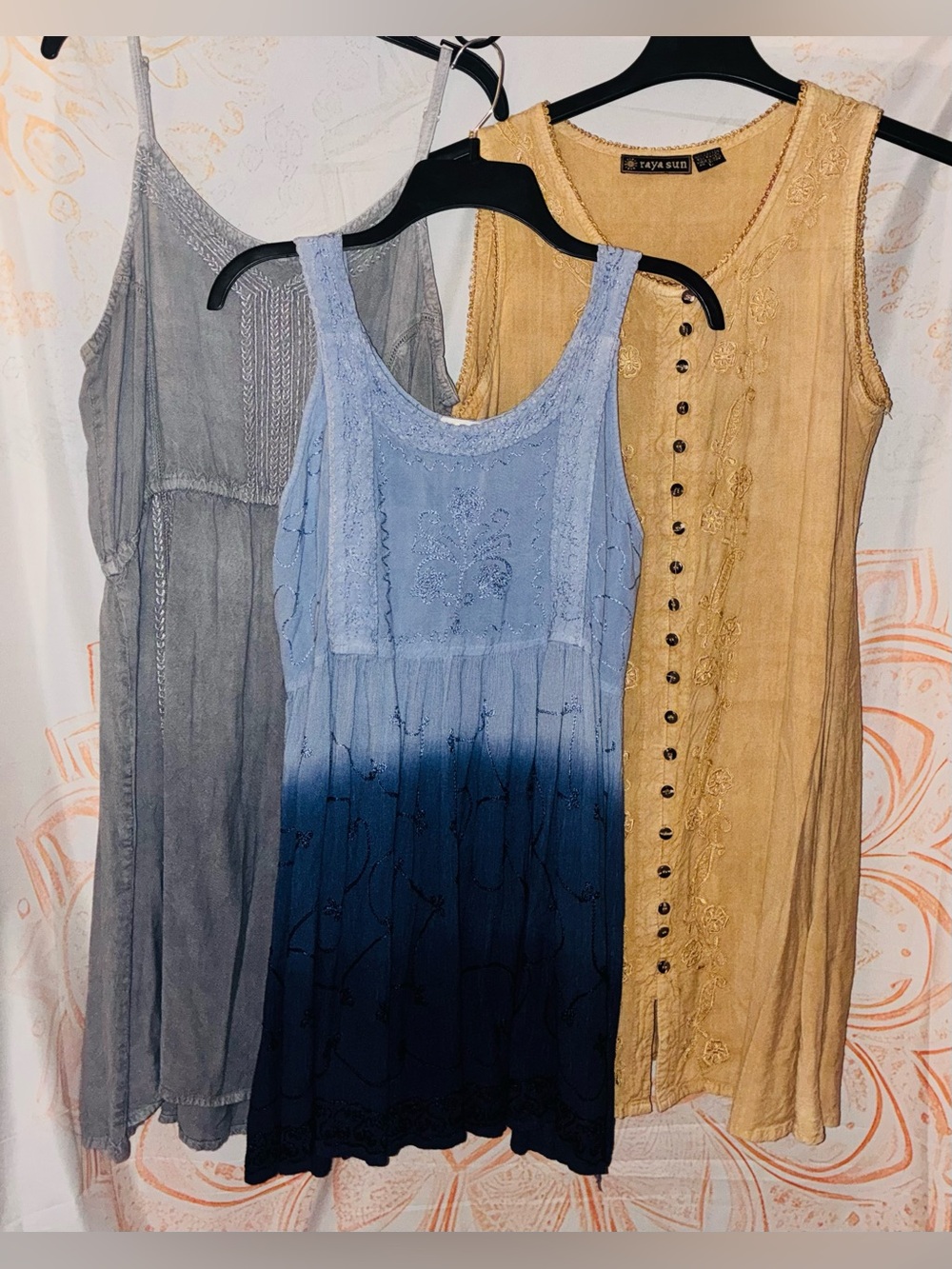 raya sun Blue Ombre Tank Top, Tan Dress, & Grey Dress with Embroidered Detail